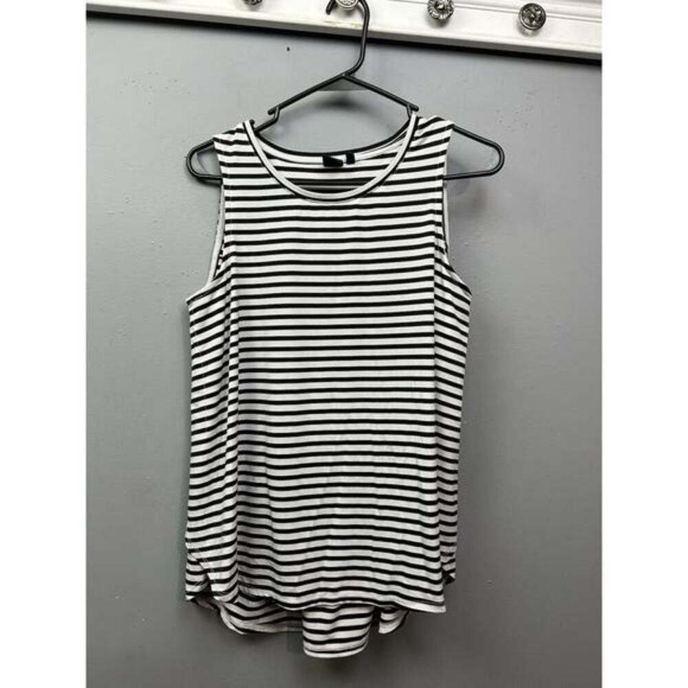 Kaari Blue top Womens Medium Black White Striped Tank Sleeveless Pleated back